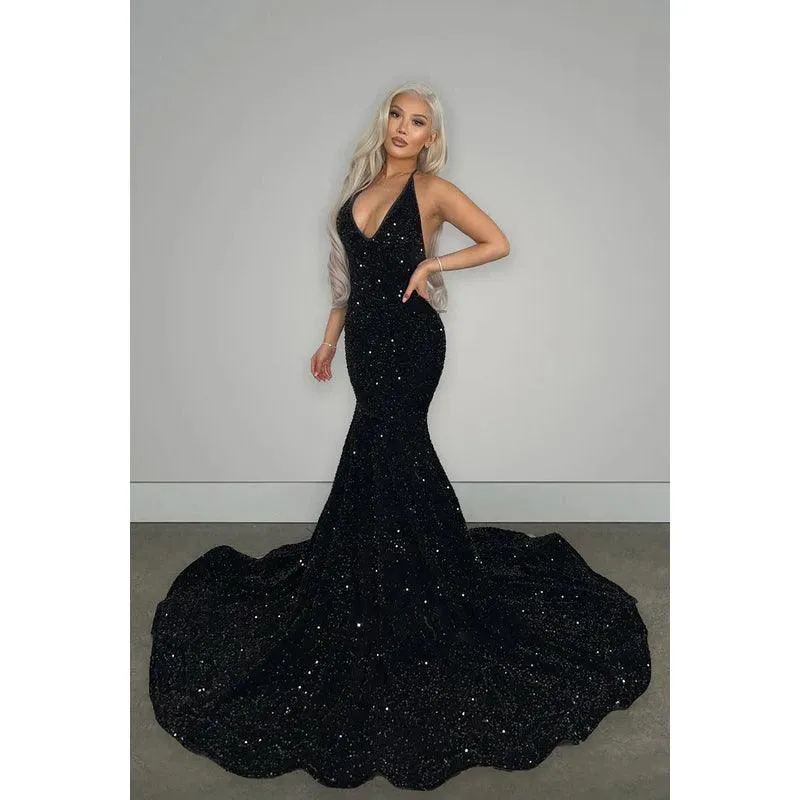V-Neck Halter Backless Sequins Mermaid Long Prom Evening Dress With Sweep Train