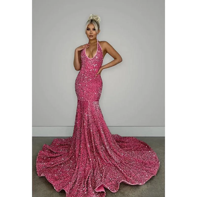 V-Neck Halter Backless Sequins Mermaid Long Prom Evening Dress With Sweep Train