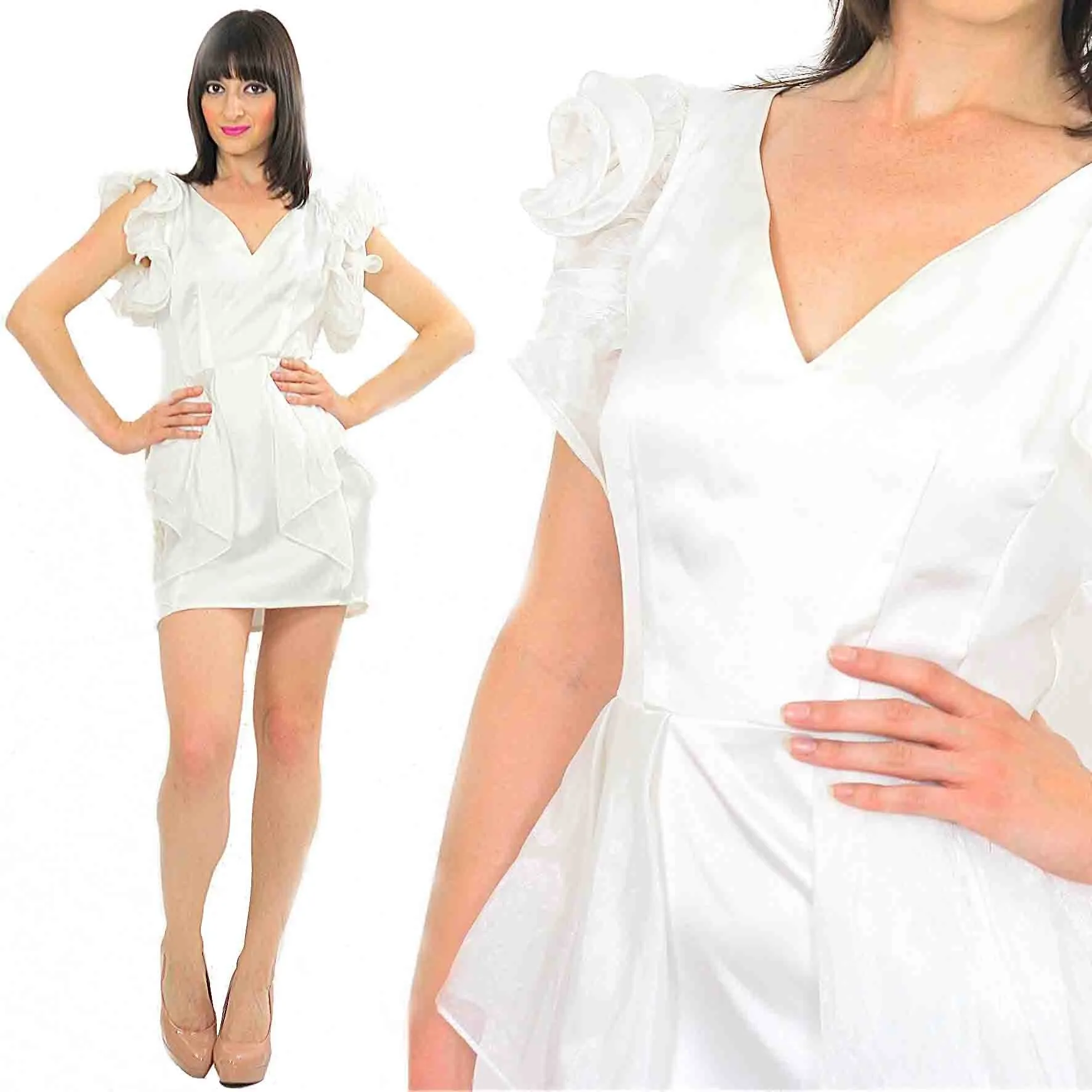 Vintage 80s Boho ruffled sleeve white party mini dress