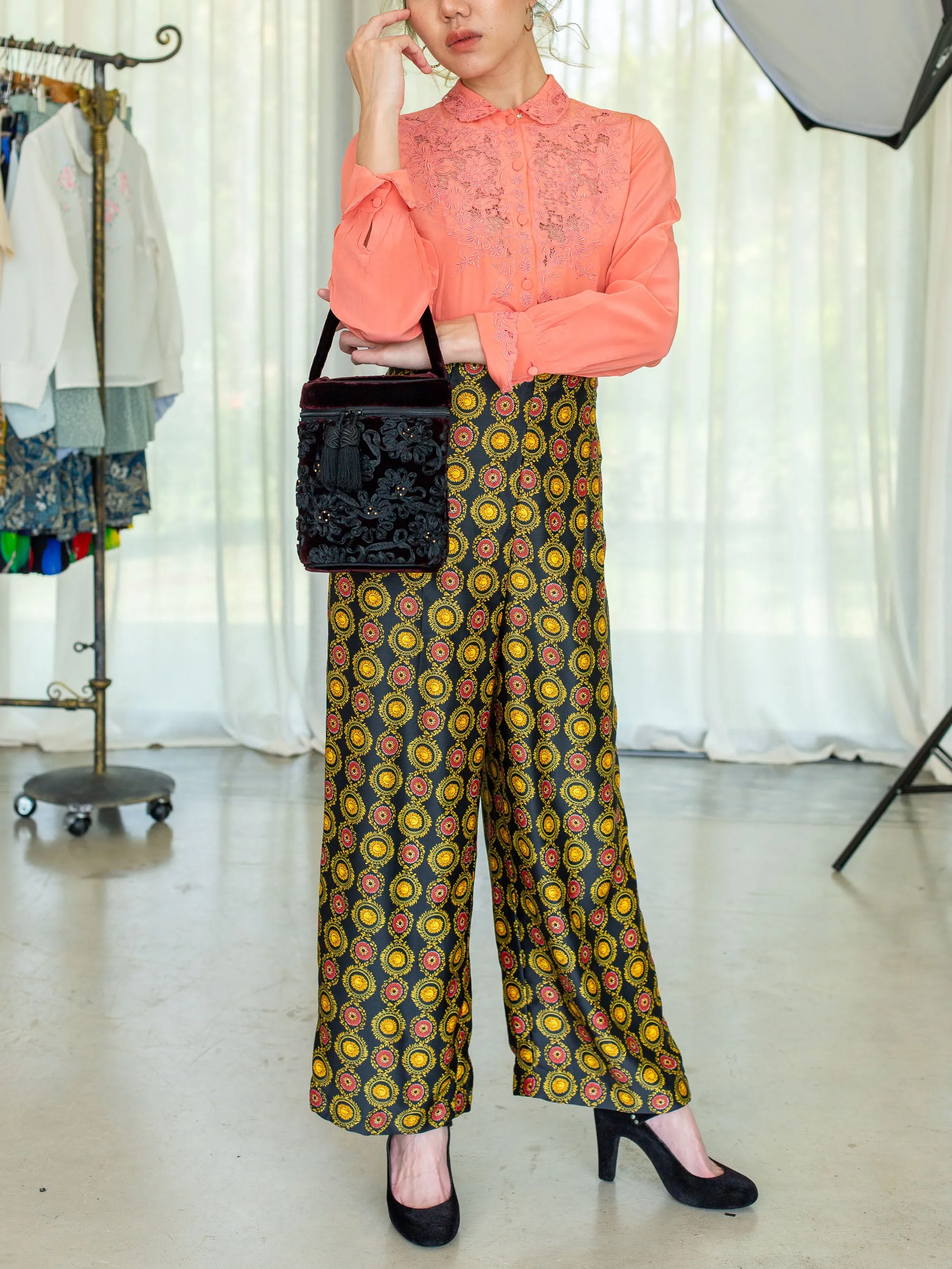 Vintage Arabesque Print Wide Leg Silk Trousers