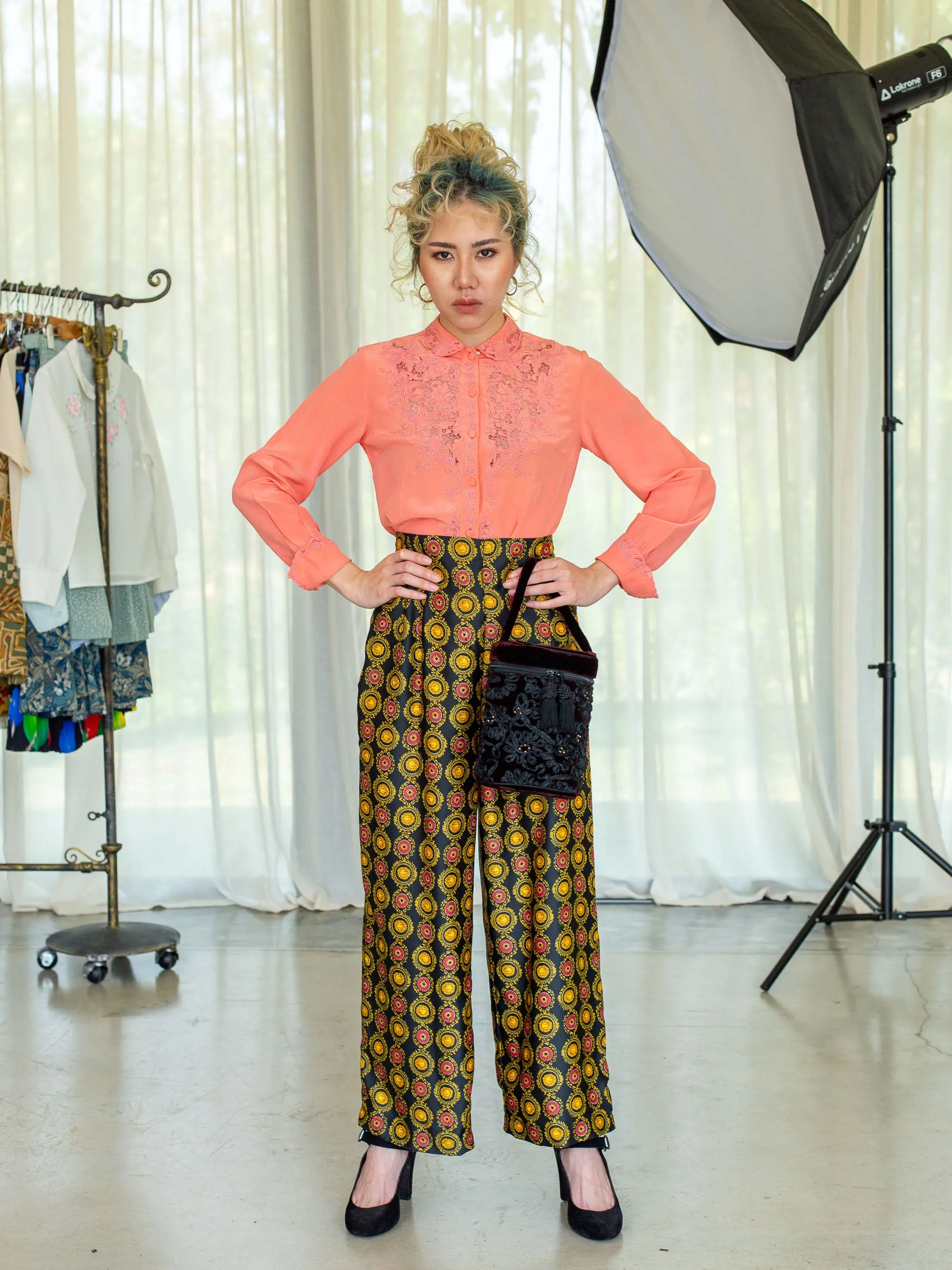 Vintage Arabesque Print Wide Leg Silk Trousers