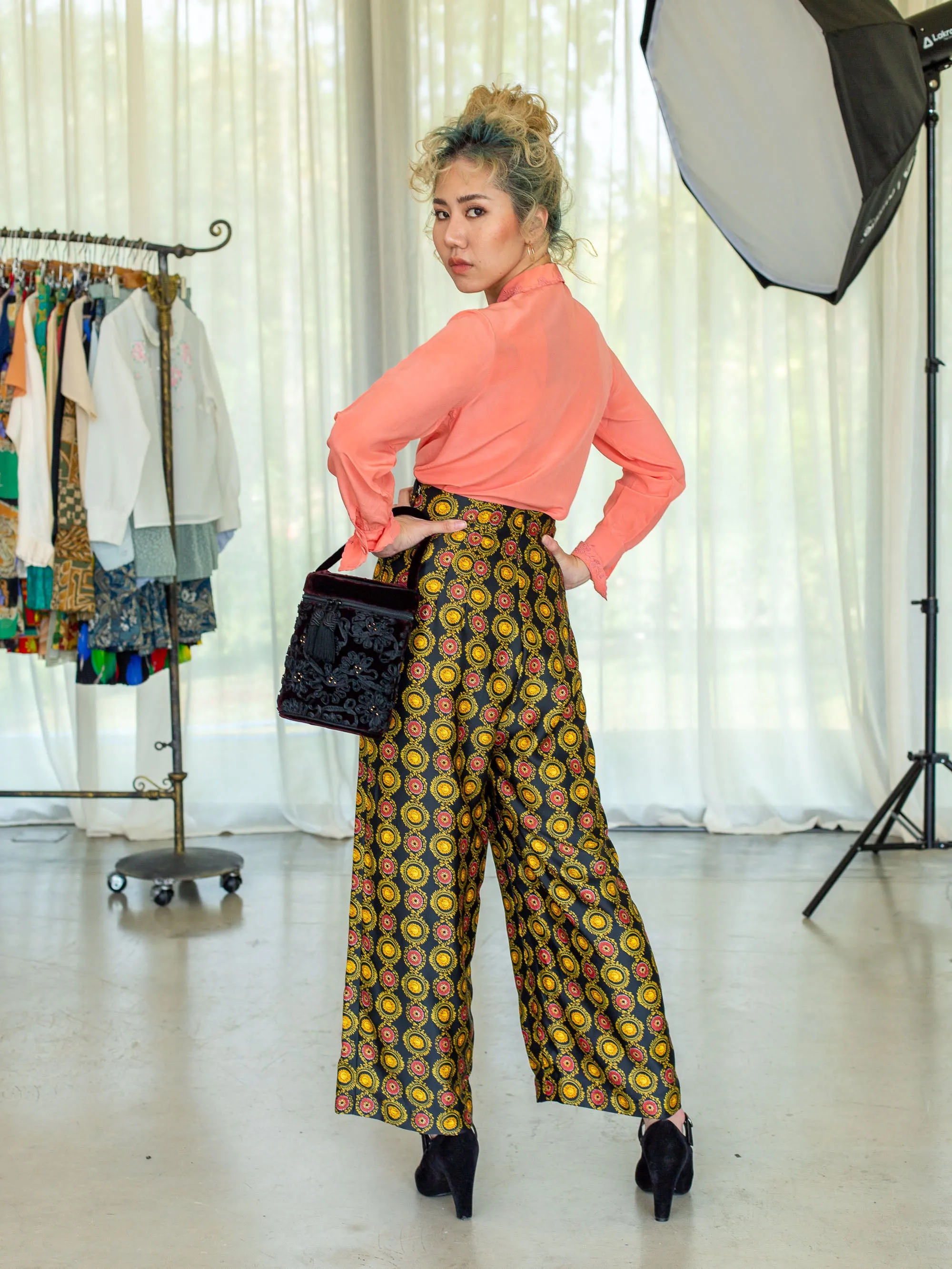 Vintage Arabesque Print Wide Leg Silk Trousers