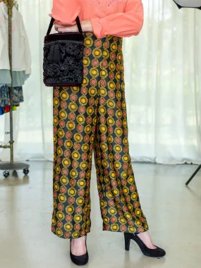 Vintage Arabesque Print Wide Leg Silk Trousers