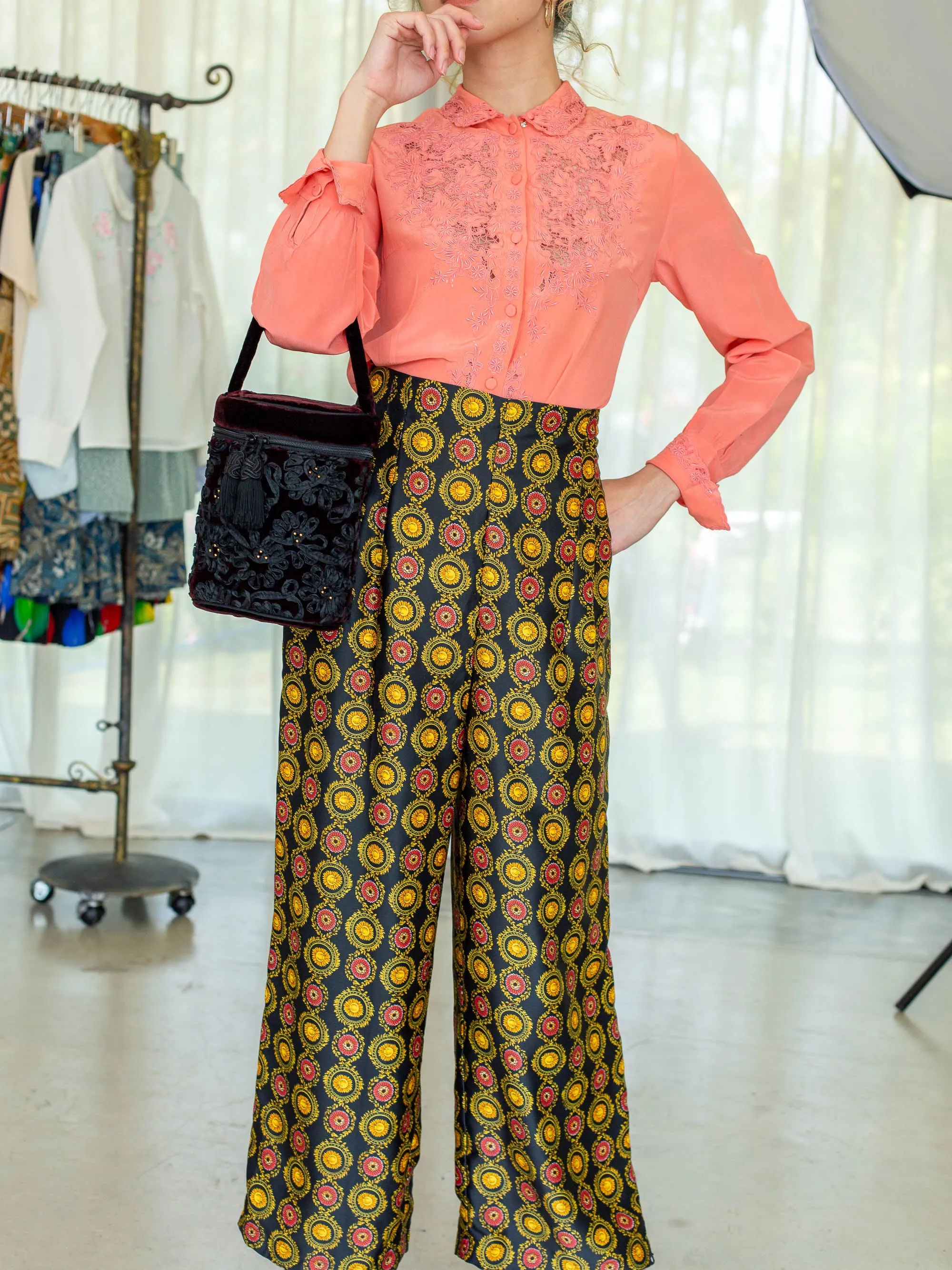 Vintage Arabesque Print Wide Leg Silk Trousers