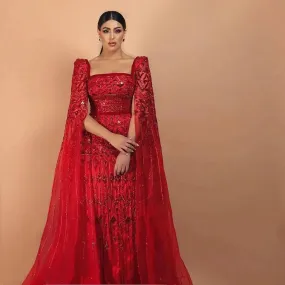 Wine Red Mermaid Evening Gown with Cape Sleeves