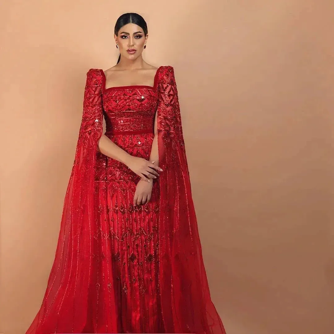 Wine Red Mermaid Evening Gown with Cape Sleeves