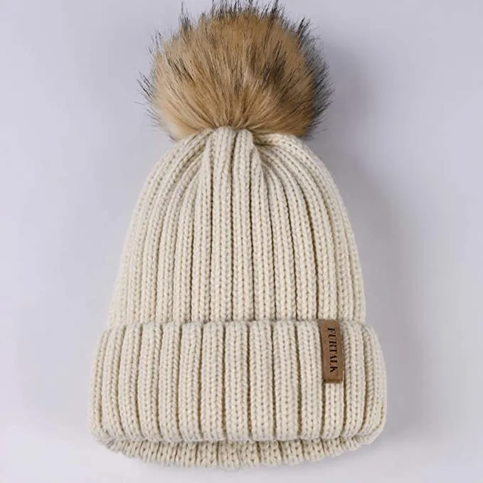 Winter Navy Blue Knit Pom Pom Faux Fur Beanie Hat