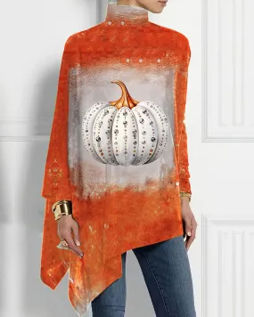 Women's Turtleneck Irregular Thanksgiving Pumpkin Print Long Sleeve T-shirt