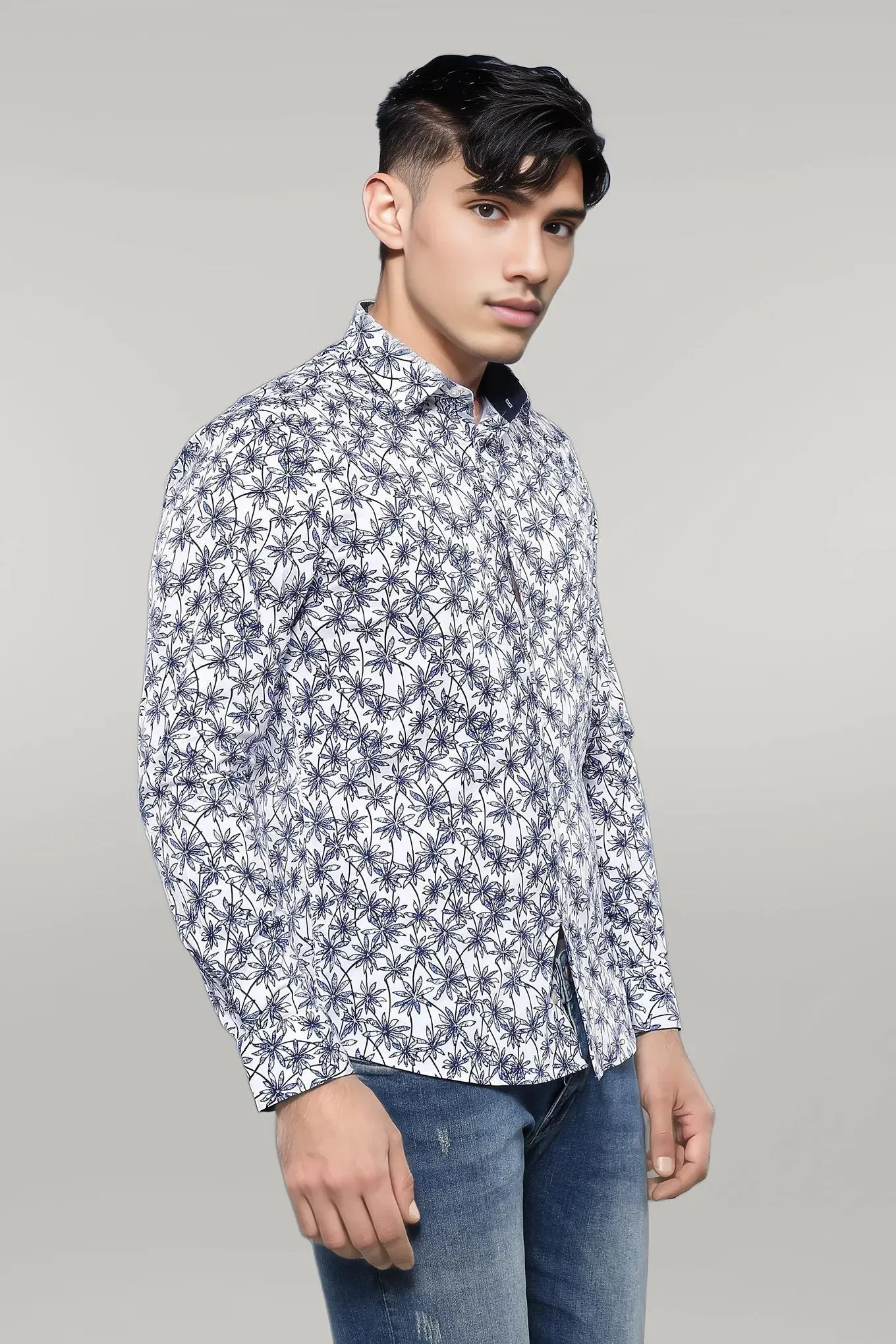 WSS Blue Floral Patterned Long Sleeve White Men Shirt  - Singen