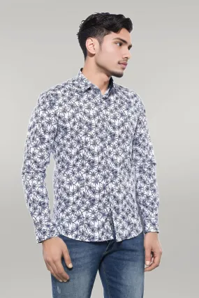 WSS Blue Floral Patterned Long Sleeve White Men Shirt  - Singen